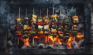 Skewers of colorful peppers and onions grilling over hot coals AI generated