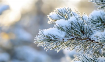 Close-up pine tree in snow, frosty morning, crisp winter air AI generated