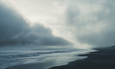 Thick, gray clouds moving slowly across the sky, casting shadows over a deserted beach AI generated