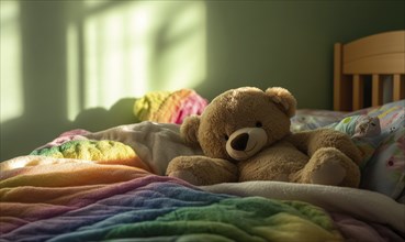 Plush bear nestled in blankets, rainbow-themed bedding, soft green walls AI generated