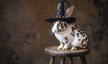 A spotted rabbit wearing a small black hat sitting on a wooden stool AI generated