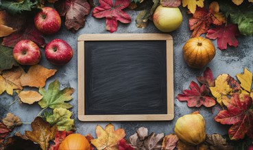 Chalkboard in the center of a countertop, decorated with autumn leaves AI generated