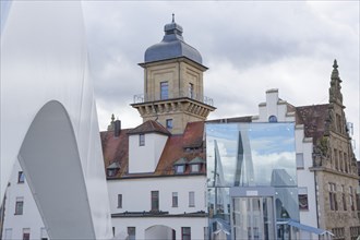 Lift and the Old Post Office, Neo-Renaissance main station, glass façade, Heilbronn, Neckar Valley,