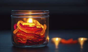 Clear glass jar filled with Halloween gummy worms AI generated