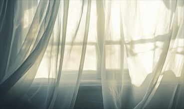 Soft, semi-transparent curtains, lightly billowing in the morning sun AI generated