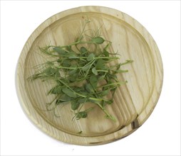 Shoots of young green pea microgreens in a wooden bowl, top view of tasty and healthy plants