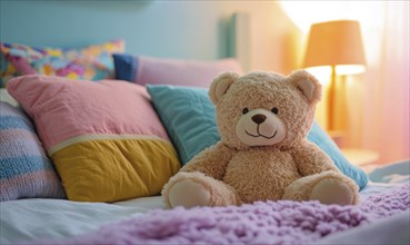 Plush bear sitting on bed, colorful pillows, cozy blankets AI generated