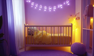 Wooden crib in a soft green nursery, glowing purple and pink lights AI generated