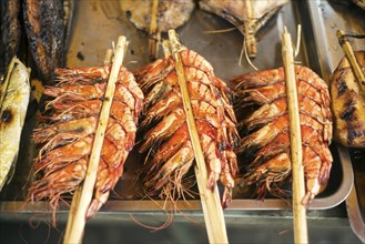 Fresh grilled asian prawns in kep market cambodia