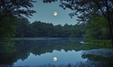 Still pond reflecting the full moon, surrounded by tall trees AI generated