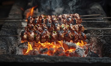 Skewers of mixed meat and vegetables on a grill AI generated