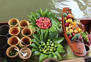 Cuisine on the boat, floating market in Bangkok, Thailand, Asia