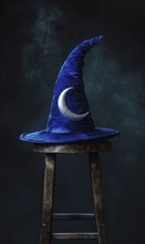 A dark blue wizard hat, silver crescent moon AI generated