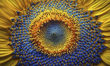 Close-up of sunflower center, intricate patterns, vibrant yellow petals AI generated