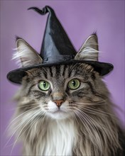 A fluffy grey and white cat, bright green eyes, wearing a small pointed witch hat AI generated