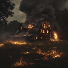 A large cottage on fire, flames bursting through the windows AI generated