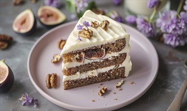 Fig and walnut cake with cream cheese frosting on a muted purple plate AI generated