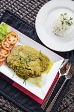 Thai fish fillet with asian green curry sauce meal and rice