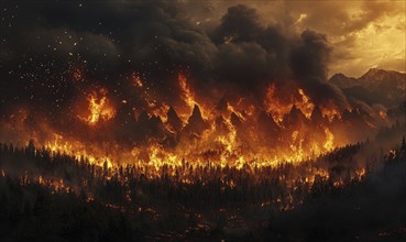 A forest fire sweeping through a dry landscape, flames consuming the trees and vegetation AI