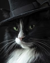 A fluffy black and white cat with deep green eyes, wearing a neat witch's hat AI generated