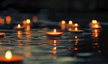 Multiple candles floating gently on a dark lake AI generated