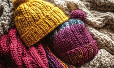 Vibrant knitted hats on a rustic wooden background AI generated