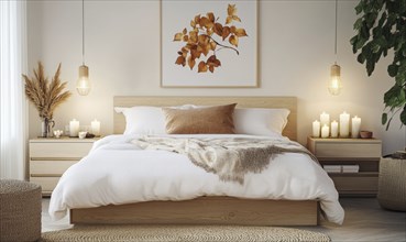 Simple bedroom with a white bed, light wooden nightstands, and autumn-themed artwork on the walls