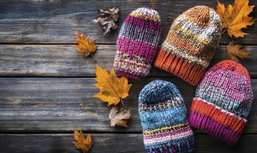 Vibrant knitted hats on a rustic wooden background AI generated