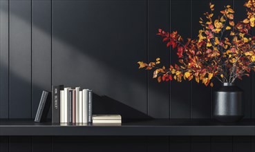 Sleek black table with a couple of books and a vase filled with autumn foliage AI generated