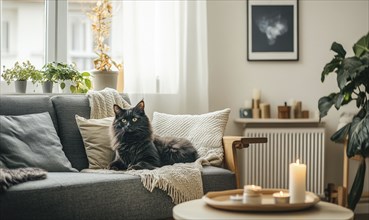 A living room with a beige sofa, wooden coffee table, autumn leaves in a vase, candles on the table