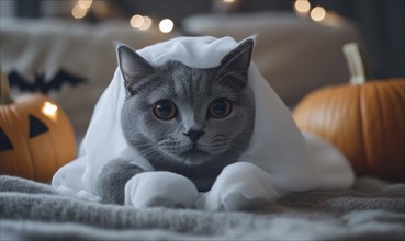 Close-up of a gray cat in a ghost costume, with soft shadows and Halloween decorations around AI