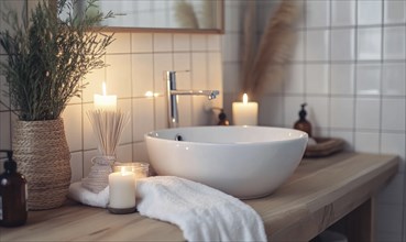 Simple bathroom with a white sink, wooden cabinet, autumn-colored towels, and candles on the