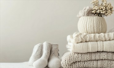 Soft knitted clothes in warm colors, laid out on a pastel background AI generated