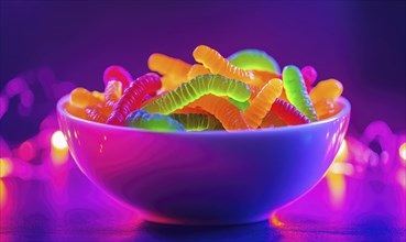 Bowl of gummy worms in orange and green, glowing under purple light, spooky Halloween setting AI