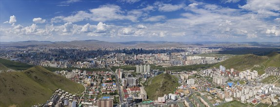 Aerial panorama view of Ulaanbaatar city and Memorial on Zaisan Tolgoi, Mongolia, Asia