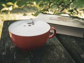 Drinking coffee and reading a book in the garden