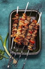 Food, Bbq grilled meat pork, chicken and vegetable skewers on tray. Top view, flat lay