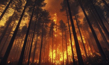 Flames engulfing a forest of tall pine trees, the fire spreading quickly through the dry underbrush