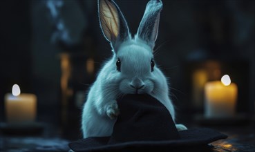 A white rabbit with long ears, balancing a small black hat, with soft candlelight in the background