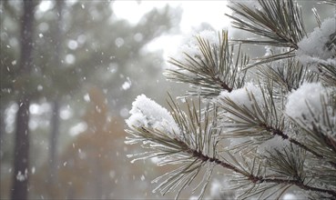 Wintery pine needles, white snow dusting AI generated