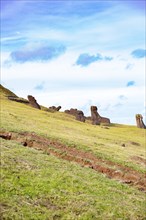 Moai on Ranu Raraku Volcan. Ester Island Landscape