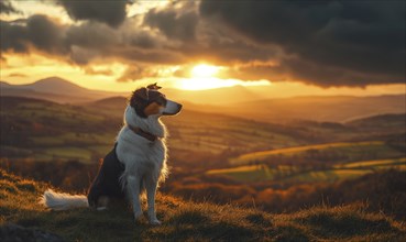 Collie standing on a hilltop, overlooking a valley at sunrise AI generated