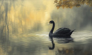 Black swan drifting on a still pond, soft ripples and reflections shimmering in the water AI