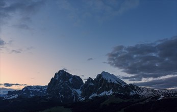 Panoramic view from the Seiser Alm to the Dolomites in Italy, drone shot