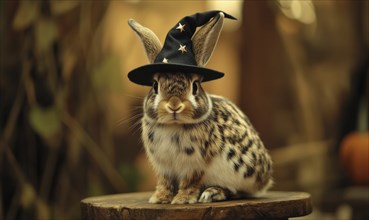 A spotted rabbit wearing a small black hat sitting on a wooden stool AI generated