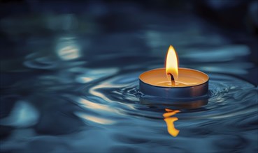 Close-up of a candle with a delicate flame, floating on water AI generated