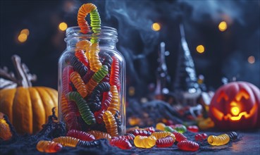 A glass jar filled with Halloween-themed gummy worms, surrounded by spooky Halloween decorations AI