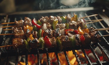 Skewers of mixed meat and vegetables on a grill AI generated