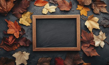 An empty chalkboard with a wooden frame, surrounded by fall-colored autumn leaves AI generated