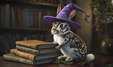 A spotted rabbit wearing a purple hat sitting near a stack of spell books AI generated